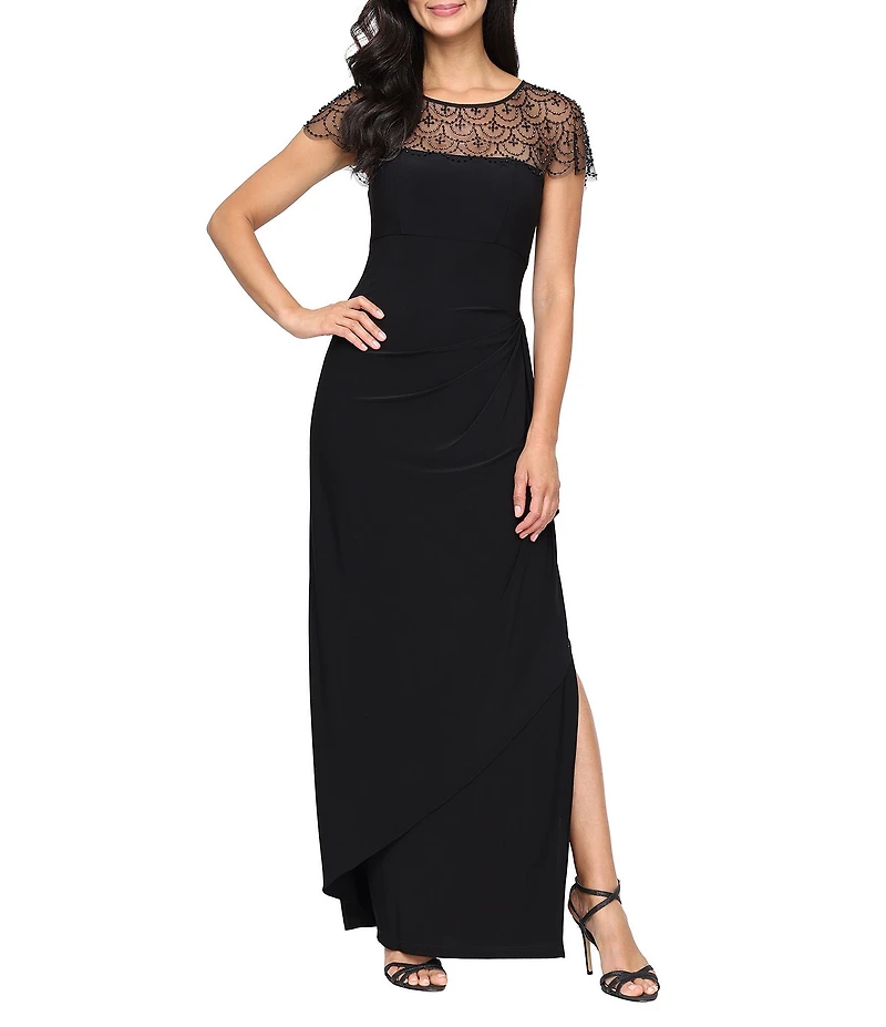 Alex Evenings Long Heat Set Illusion Neck Short Flutter Sleeve Matte Jersey Dress