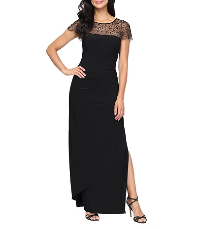 Alex Evenings Long Heat Set Illusion Neck Short Flutter Sleeve Matte Jersey Dress