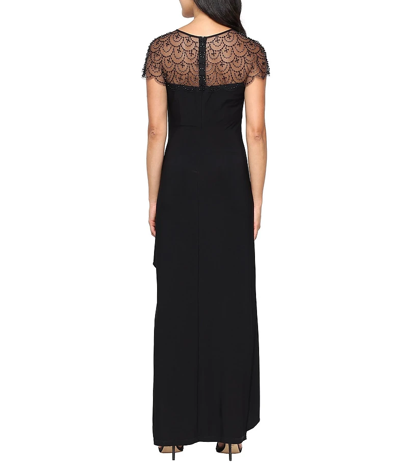 Alex Evenings Long Heat Set Illusion Neck Short Flutter Sleeve Matte Jersey Dress