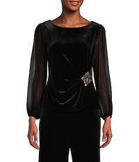 Alex Evenings Long Illusion Sleeve Scoop Neck Embellished Waist Stretch Velvet Blouse
