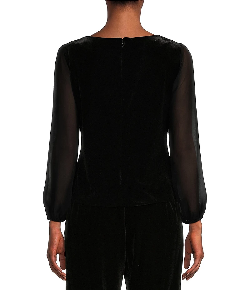 Alex Evenings Long Illusion Sleeve Scoop Neck Embellished Waist Stretch Velvet Blouse