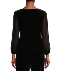 Alex Evenings Long Illusion Sleeve Scoop Neck Embellished Waist Stretch Velvet Blouse