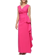 Alex Evenings Long Sleeveless Surplice Neck Cascade Detail Long Dress