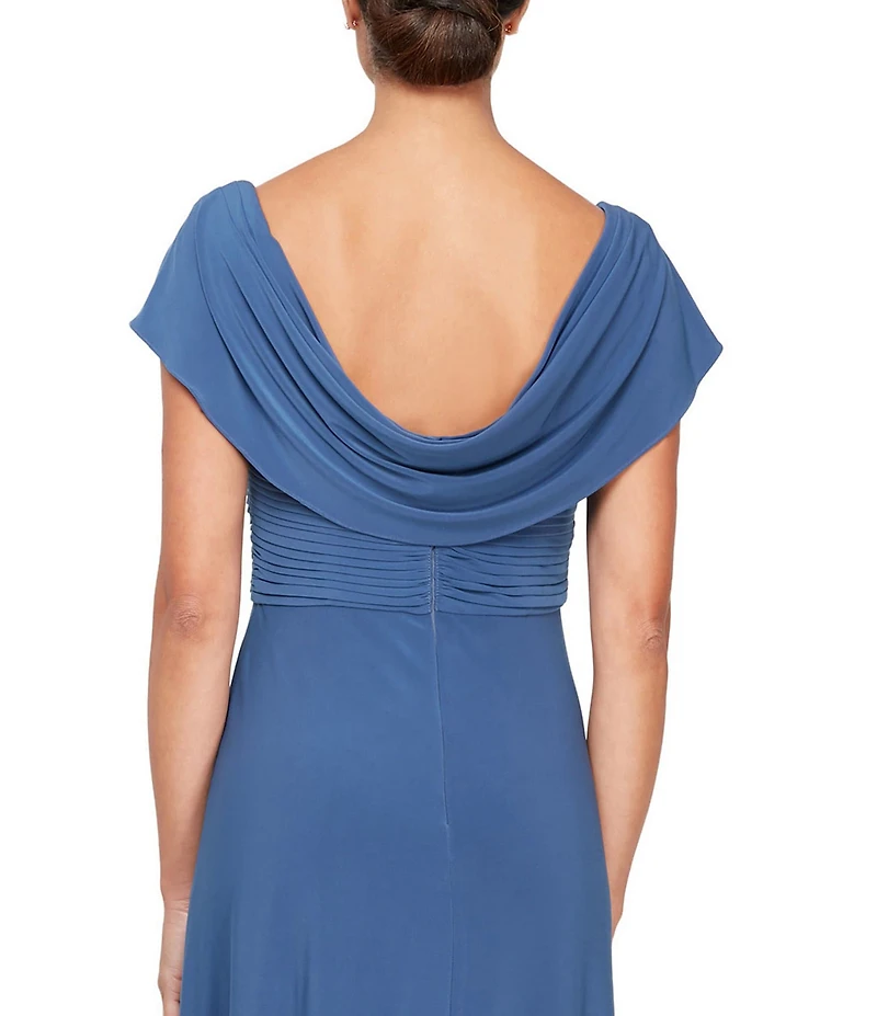 Alex Evenings Matte Jersey Cowl Neck Drape Back Detail Short Sleeve Side Embellishment Pleated Thigh High Slit Long Gown