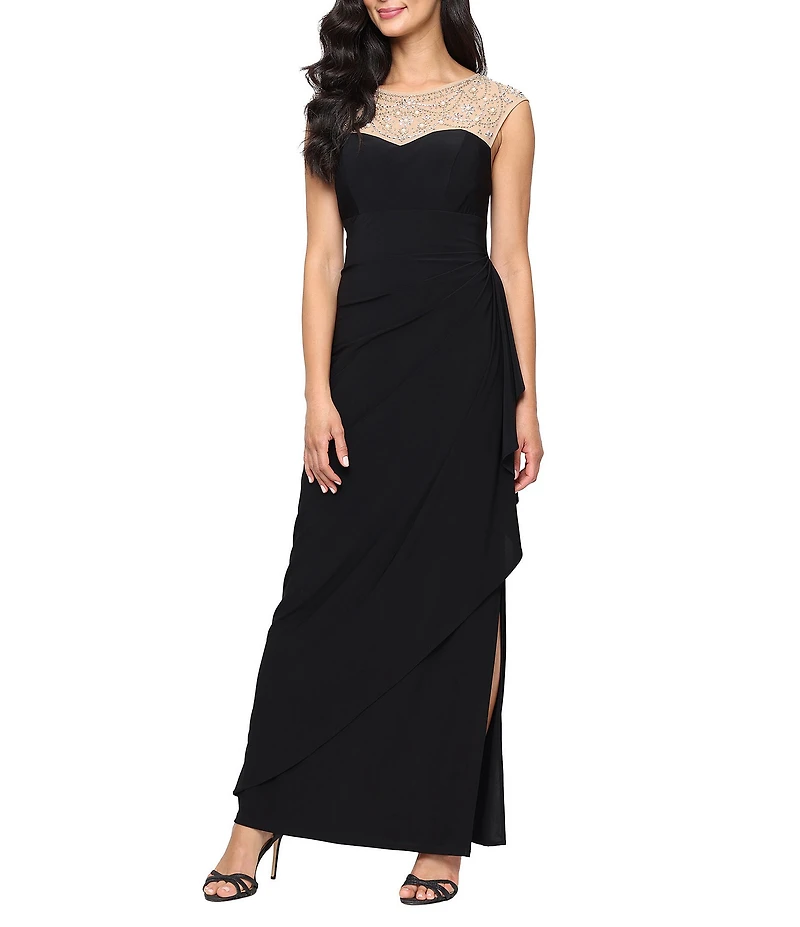 Alex Evenings Matte Jersey Sweetheart Heat Set Illusion Neck Cap Sleeve Cascade Skirt Gown