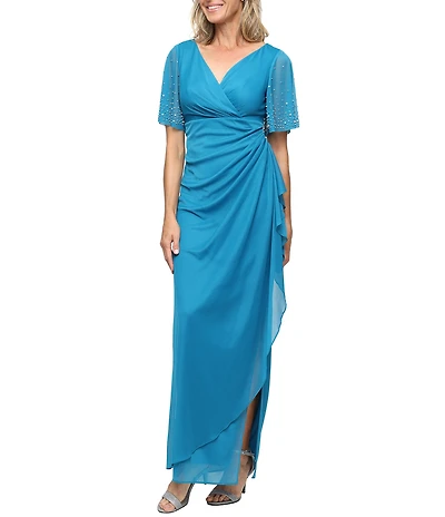 Alex Evenings Mesh Short Illusion Embellished Sleeve V-Neck Empire Waist Dress