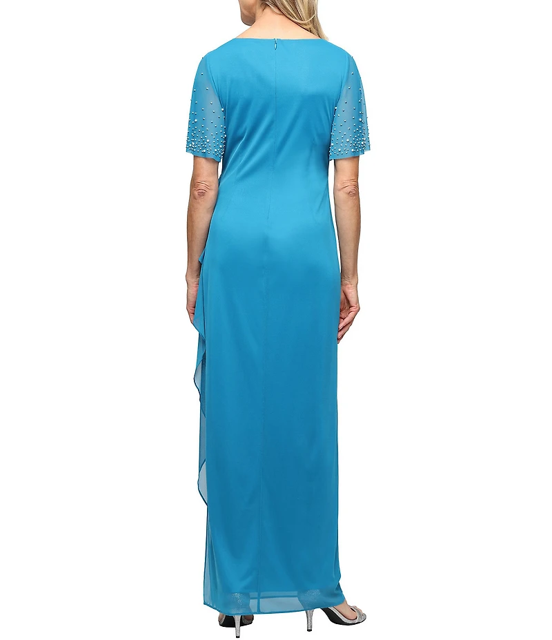 Alex Evenings Mesh Short Illusion Embellished Sleeve V-Neck Empire Waist Dress