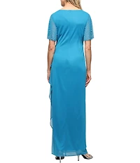 Alex Evenings Mesh Short Illusion Embellished Sleeve V-Neck Empire Waist Dress