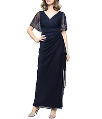Alex Evenings Mesh Short Illusion Embellished Sleeve V-Neck Empire Waist Dress
