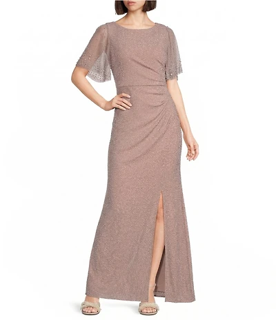 Alex Evenings Metallic Embellished Flutter Short Sleeve Boat Neck Ruched Waist Front Slit A-Line Gown