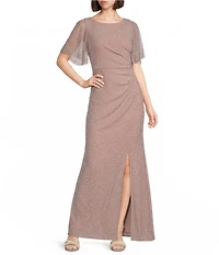 Alex Evenings Metallic Embellished Flutter Short Sleeve Boat Neck Ruched Waist Front Slit A-Line Gown