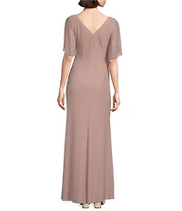 Alex Evenings Metallic Embellished Flutter Short Sleeve Boat Neck Ruched Waist Front Slit A-Line Gown
