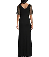 Alex Evenings Metallic Embellished Flutter Short Sleeve Boat Neck Ruched Waist Front Slit A-Line Gown