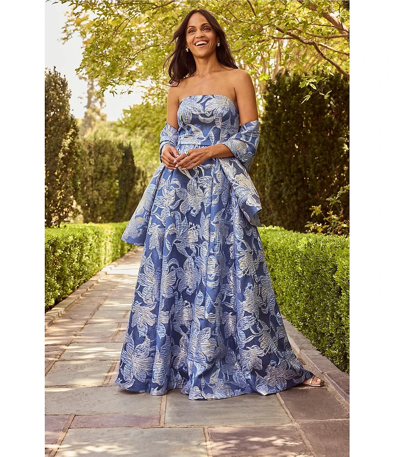 Alex Evenings Metallic Floral Print Jacquard Strapless Neck Shawl Ball Gown