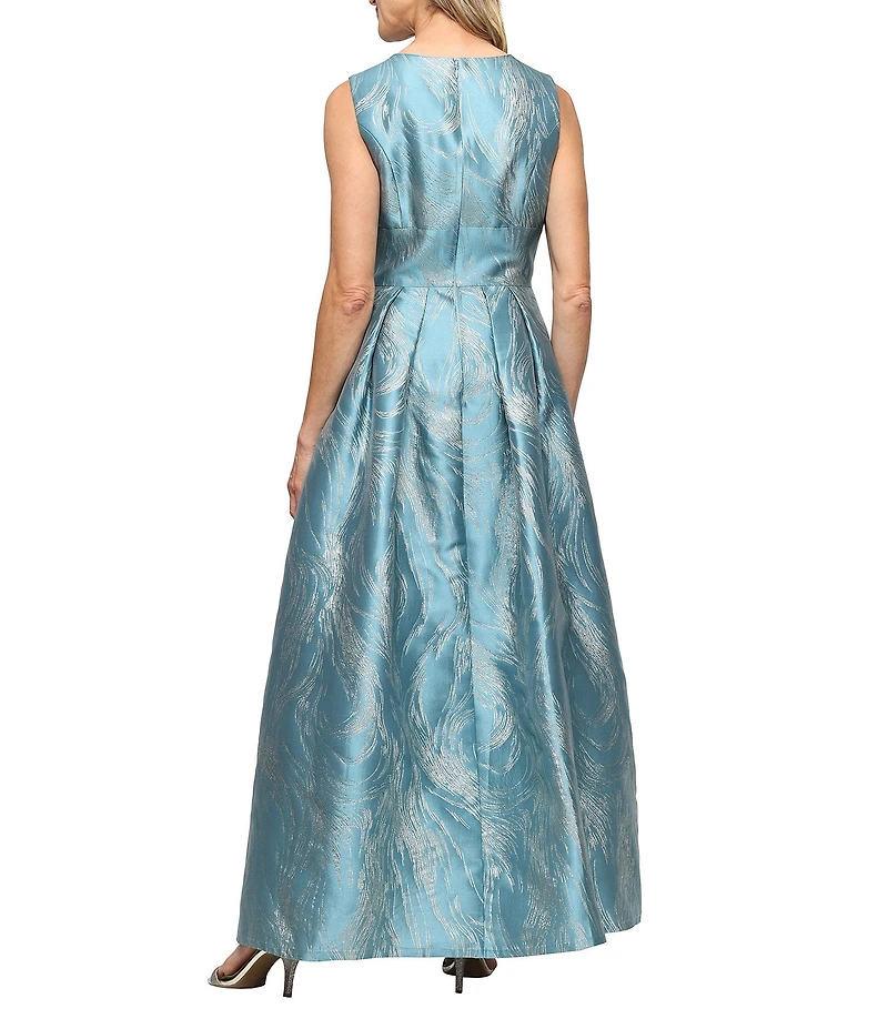 Alex Evenings Metallic Jacquard V-Neck Sleeveless Ballgown Flyaway Panel Dress