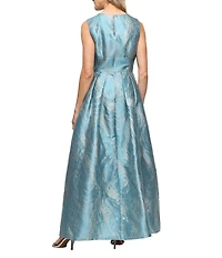 Alex Evenings Metallic Jacquard V-Neck Sleeveless Ballgown Flyaway Panel Dress