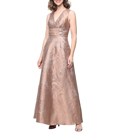 Alex Evenings Metallic Jacquard V-Neck Sleeveless Empire Waist Long Dress