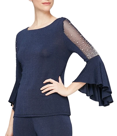 Alex Evenings Metallic Knit 3/4 Beaded Cascade Bell Sleeve Blouse