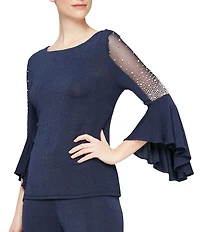 Alex Evenings Metallic Knit 3/4 Beaded Cascade Bell Sleeve Blouse