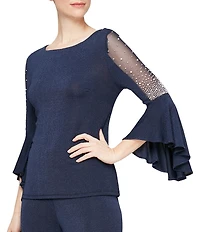 Alex Evenings Metallic Knit 3/4 Beaded Cascade Bell Sleeve Blouse