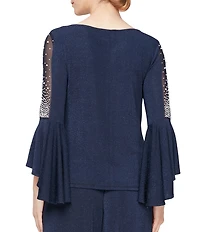 Alex Evenings Metallic Knit 3/4 Beaded Cascade Bell Sleeve Blouse