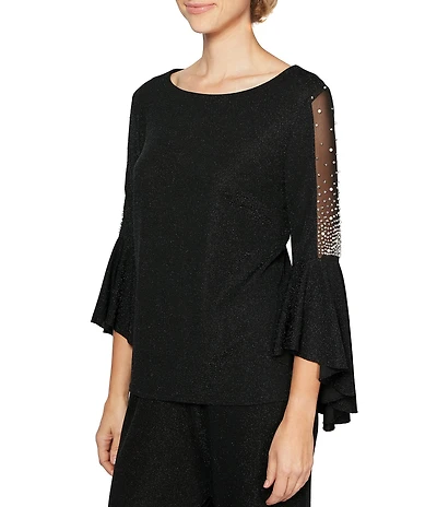 Alex Evenings Metallic Knit 3/4 Beaded Cascade Bell Sleeve Blouse