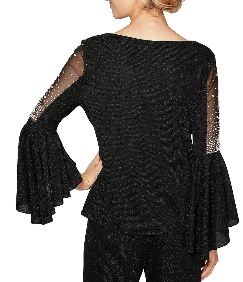 Alex Evenings Metallic Knit 3/4 Beaded Cascade Bell Sleeve Blouse