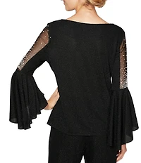 Alex Evenings Metallic Knit 3/4 Beaded Cascade Bell Sleeve Blouse