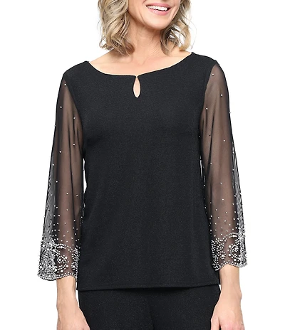 Alex Evenings Metallic Knit Keyhole Cutout Heat Set 3/4 Illusion Sleeve Blouse