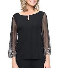 Alex Evenings Metallic Knit Keyhole Cutout Heat Set 3/4 Illusion Sleeve Blouse