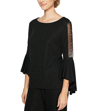 Alex Evenings Metallic Knit Round Neck 3/4 Illusion Pearl Bell Sleeve Top