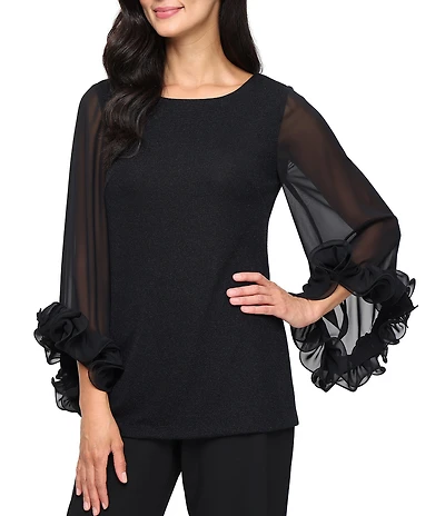 Alex Evenings Metallic Knit Scoop Neck Illusion Ruffle Hem Sleeve Blouse