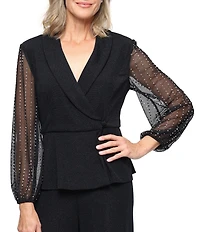 Alex Evenings Metallic Knit V-Neck Illusion Heat Set Long Sleeve Blouse Top