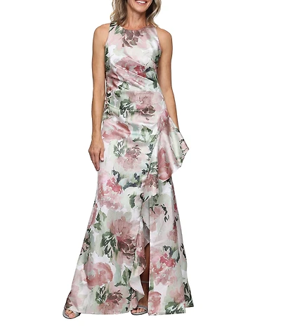 Alex Evenings Metallic Shimmer Floral Print Halter Neck Sleeveless Ruffle Cascade Gown