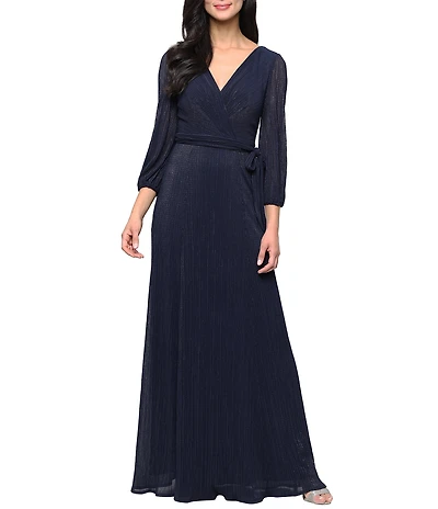 Alex Evenings Micro Pleated Surplice Neck Long Bubble Sleeve Foil Mesh Long Dress