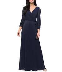 Alex Evenings Micro Pleated Surplice Neck Long Bubble Sleeve Foil Mesh Long Dress