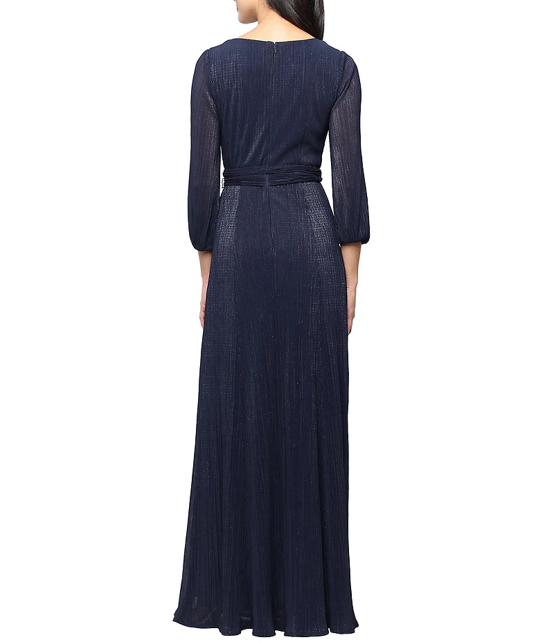 Alex Evenings Micro Pleated Surplice Neck Long Bubble Sleeve Foil Mesh Long Dress