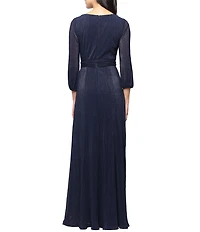 Alex Evenings Micro Pleated Surplice Neck Long Bubble Sleeve Foil Mesh Long Dress