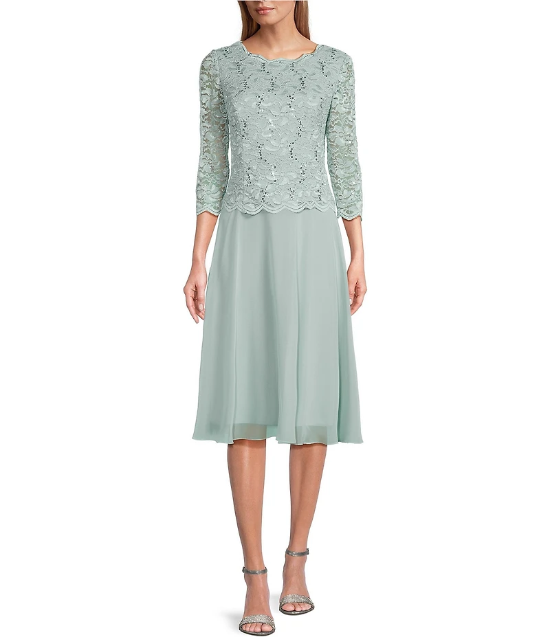 Alex Evenings Crew Neck 3/4 Sleeve Sequin Floral Lace Bodice Chiffon A-Line Midi Dress
