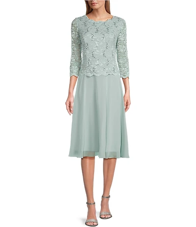 Alex Evenings Crew Neck 3/4 Sleeve Sequin Floral Lace Bodice Chiffon A-Line Midi Dress