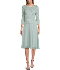 Alex Evenings Crew Neck 3/4 Sleeve Sequin Floral Lace Bodice Chiffon A-Line Midi Dress