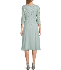 Alex Evenings Crew Neck 3/4 Sleeve Sequin Floral Lace Bodice Chiffon A-Line Midi Dress