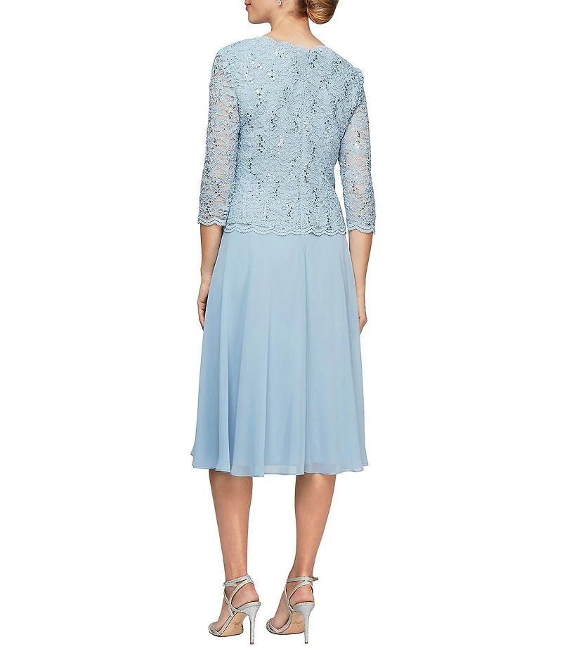 Alex Evenings Crew Neck 3/4 Sleeve Sequin Floral Lace Bodice Chiffon A-Line Midi Dress