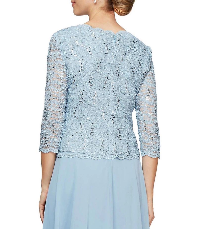 Alex Evenings Crew Neck 3/4 Sleeve Sequin Floral Lace Bodice Chiffon A-Line Midi Dress