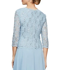 Alex Evenings Crew Neck 3/4 Sleeve Sequin Floral Lace Bodice Chiffon A-Line Midi Dress
