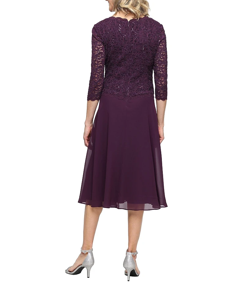 Alex Evenings Crew Neck 3/4 Sleeve Sequin Floral Lace Bodice Chiffon A-Line Midi Dress