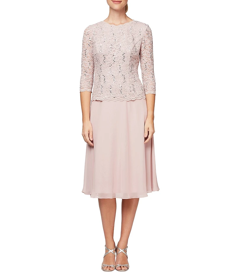 Alex Evenings Crew Neck 3/4 Sleeve Sequin Floral Lace Bodice Chiffon A-Line Midi Dress