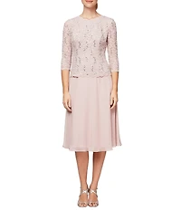 Alex Evenings Crew Neck 3/4 Sleeve Sequin Floral Lace Bodice Chiffon A-Line Midi Dress