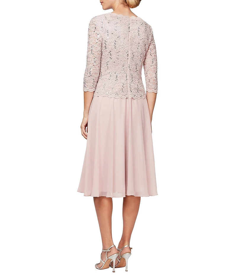 Alex Evenings Crew Neck 3/4 Sleeve Sequin Floral Lace Bodice Chiffon A-Line Midi Dress