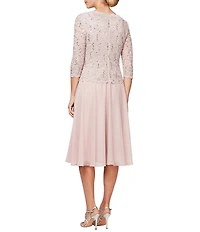 Alex Evenings Crew Neck 3/4 Sleeve Sequin Floral Lace Bodice Chiffon A-Line Midi Dress